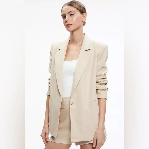 NWT $595 Alice + Olivia Denny Linen Notch Collar Boyfriend Blazer
